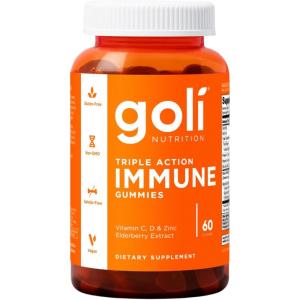 Goli Triple Action Immune Gummies with Vitamin C, D, Zinc – Elderberry Extract, Echinacea, Turmeric, Ginger – Vegan, Non-GMO, Gluten-Free – 180 Count (Pack of 3)(Elderberry)
