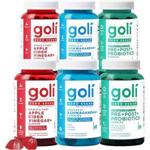 Goli Zero Sugar Trio – World’s First 3-in-1 Pre, Post, Probiotic, Apple Cider Vinegar with Vitamin B12 and Probiotics, Ashwagandha & L-Theanine, Vitamin D Gummies(60 Count (Pack of 6))