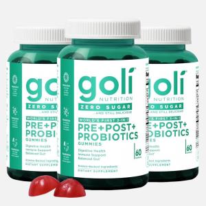 Goli Zero Sugar Pre Pro Postbiotic Gummies, 60 Count Each (3 Pack, 180 Total) – Worlds First 3-in-1 with DE111, XOS, MCC1849 – No Sugar Alcohols – Vegan, Keto-Friendly, Non-GMO