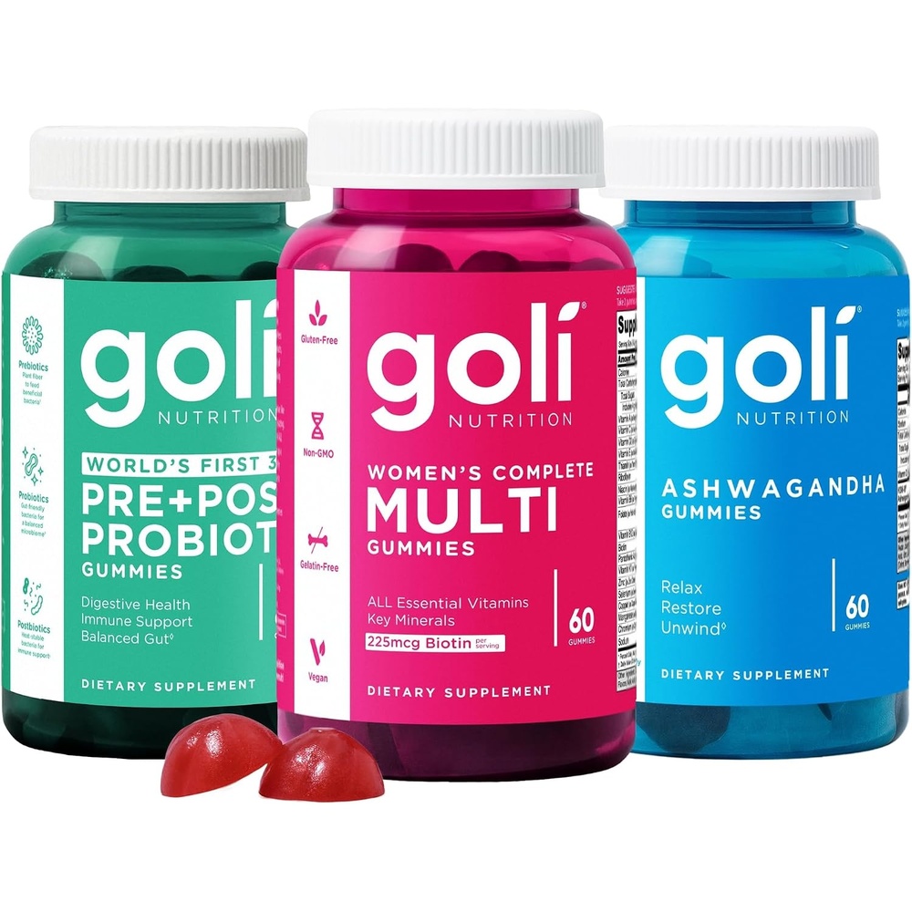 image:imageGoli Stress Less Glow More Digest Better Bundle  Worlds First 3in1 Pre Post Probiotic Womens Complete Multi All 13 Essential Vitamins Ashwagandha amp Vitamin D Gummies Vegan